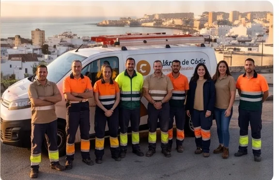 Equipo de técnicos de Eléctrica de Cádiz junto a una furgoneta de la compañía